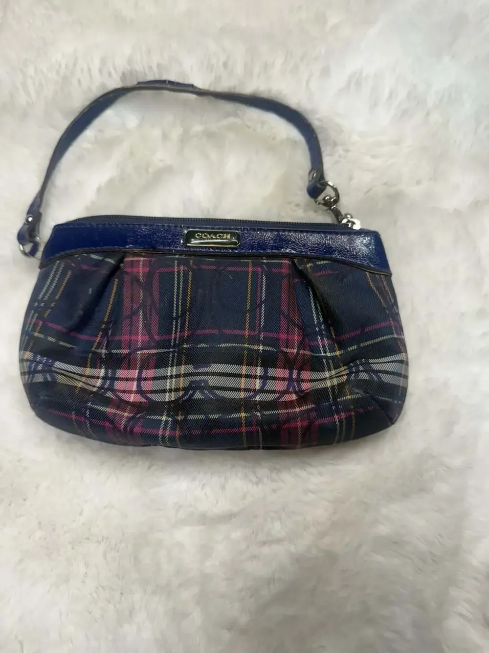 Coach Navy Tartan Plaid Print Wristlet with Patent Leather Trim